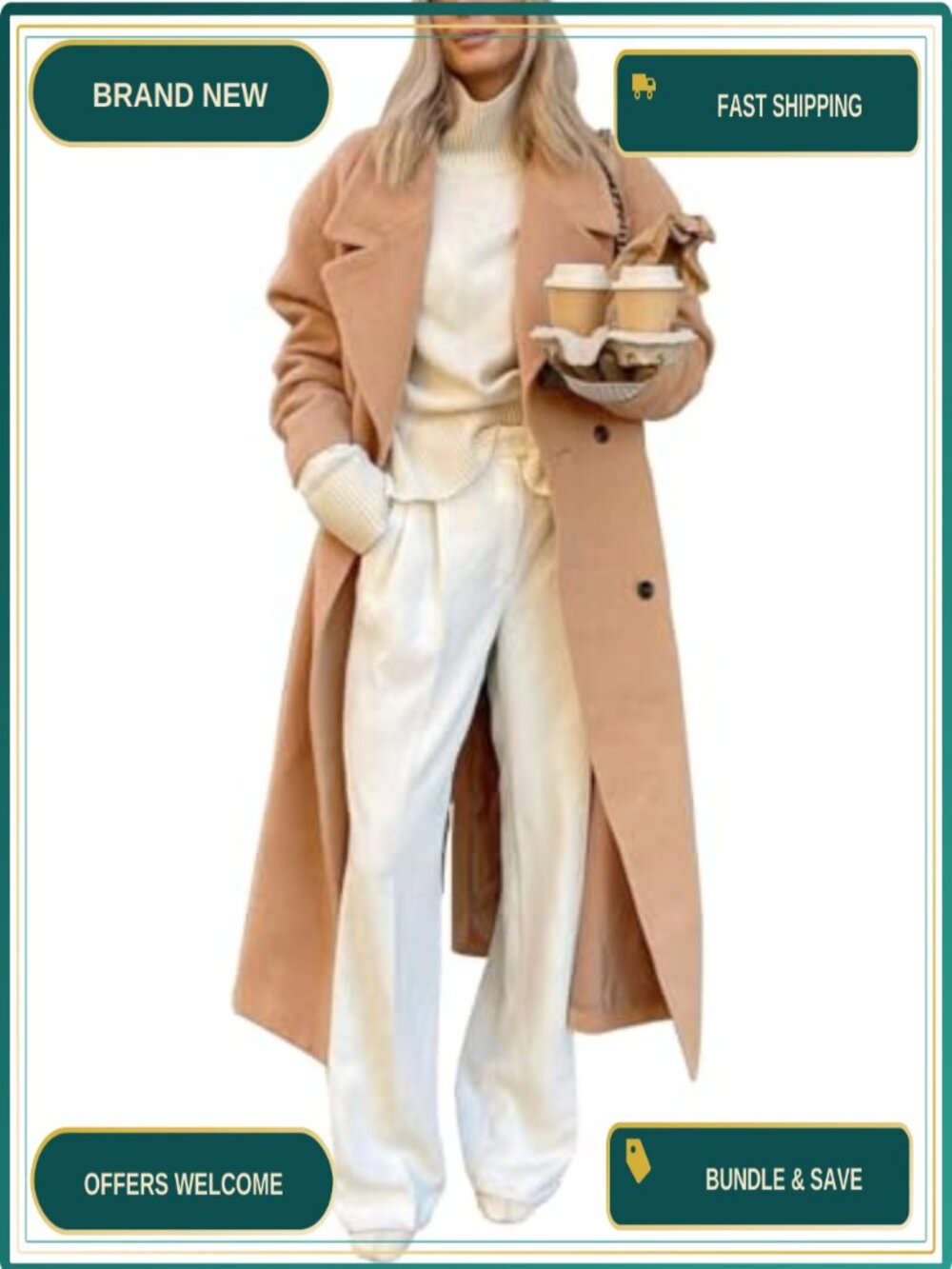 Womens Long Wool Coat Notch Lapel Double Breasted Overcoat